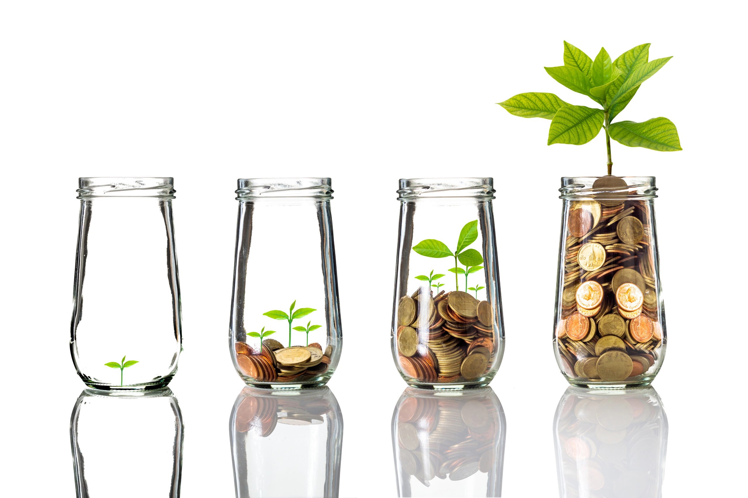 Jam jars with increasing amounts of money in them