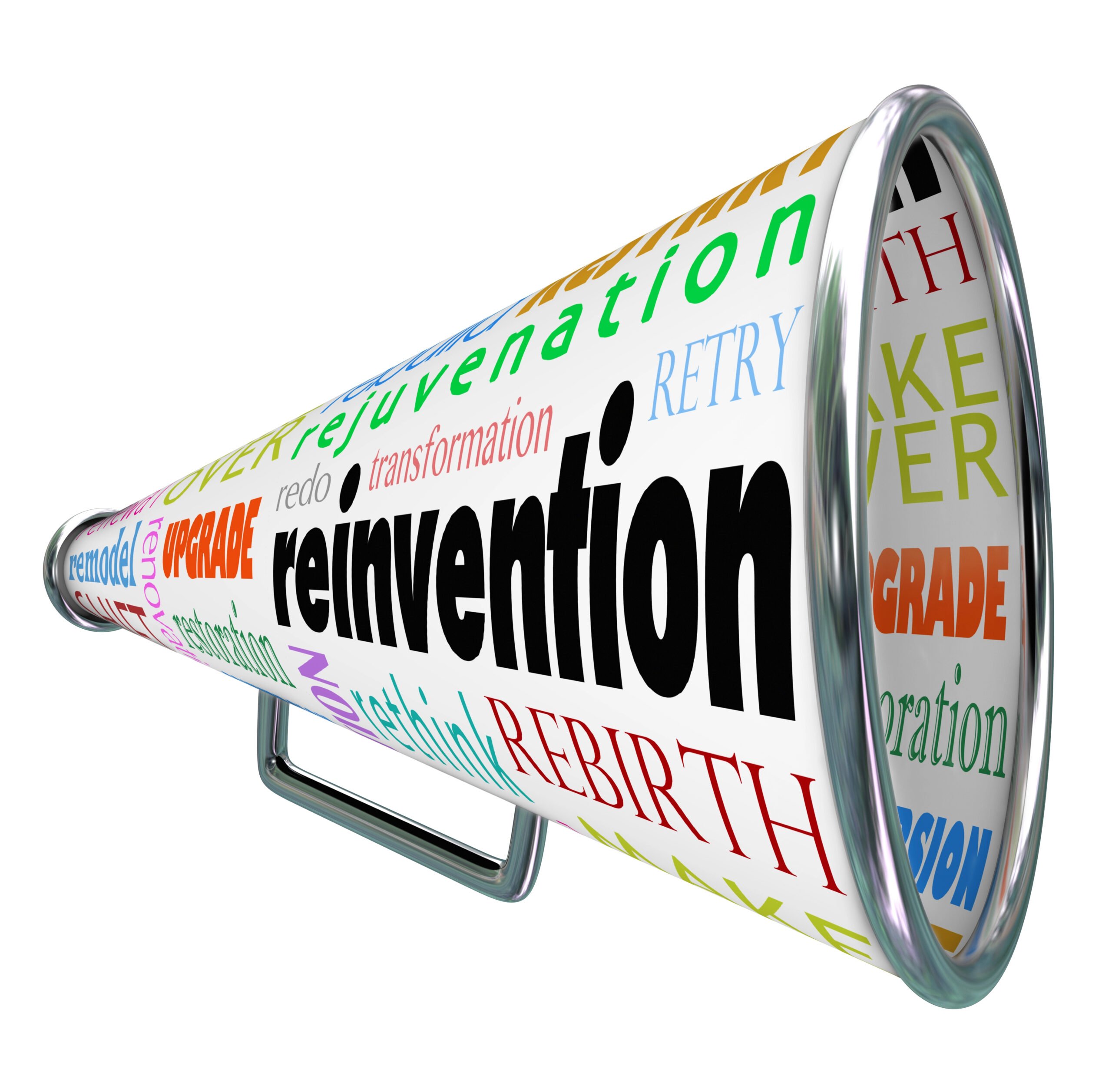 A megaphone with the word reinvention written on it